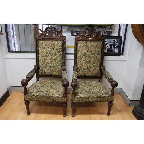 50 - Pair of antique French Henri II revival armchairs, well carved heraldic crest the the backs (2)