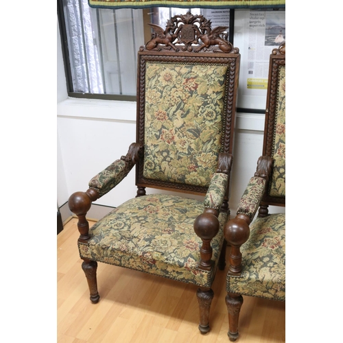50 - Pair of antique French Henri II revival armchairs, well carved heraldic crest the the backs (2)