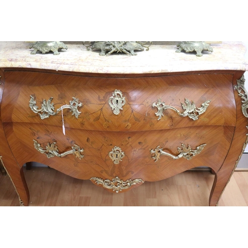 55 - Large French early 20th century French marble topped two drawer commode, with floral marquetry inlai... 