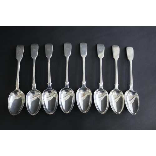 64 - Set of eight antique sterling silver soup spoons, fiddle pattern, marked for London 1845, by William... 