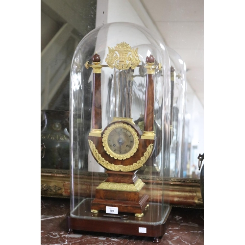 103 - Fine antique French Gillion of Paris mahogany and gilt metal mounted lyre shape clock under glass do... 
