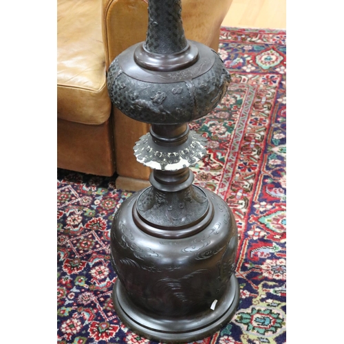 115 - Antique Japanese Mejia period bronze multi turned support floor oil lamp, approx 152cm H