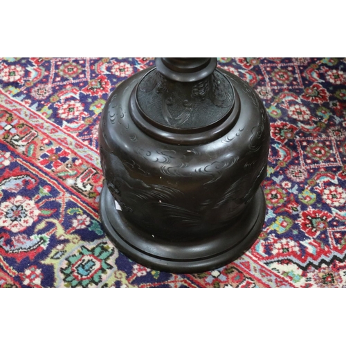 115 - Antique Japanese Mejia period bronze multi turned support floor oil lamp, approx 152cm H