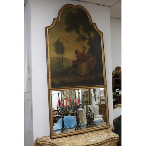 234 - Vintage French double arched top trumeau mirror, mounted with a oil on canvas, scene of two lovers i... 