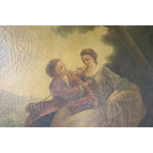 234 - Vintage French double arched top trumeau mirror, mounted with a oil on canvas, scene of two lovers i... 