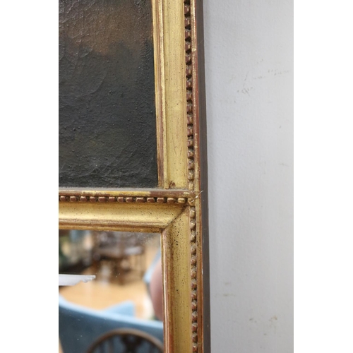 234 - Vintage French double arched top trumeau mirror, mounted with a oil on canvas, scene of two lovers i... 