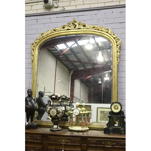 465 - Large Victorian style arched top over mantle mirror with applied scrolling foliage crest, approx 176... 