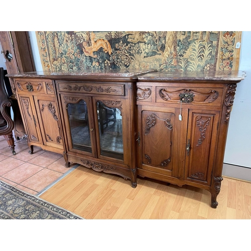 56 - Antique French breakfront marble topped walnut buffet, with bevelled glass central display section, ... 