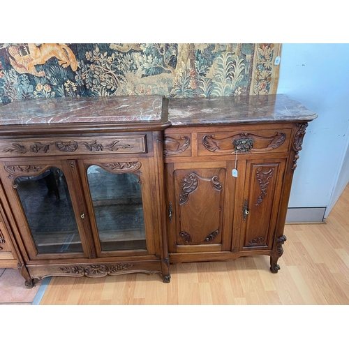 56 - Antique French breakfront marble topped walnut buffet, with bevelled glass central display section, ... 