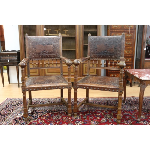 69 - Pair of antique French Henri II revival studded leather armchairs (2)