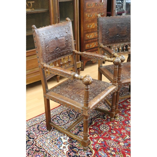 69 - Pair of antique French Henri II revival studded leather armchairs (2)