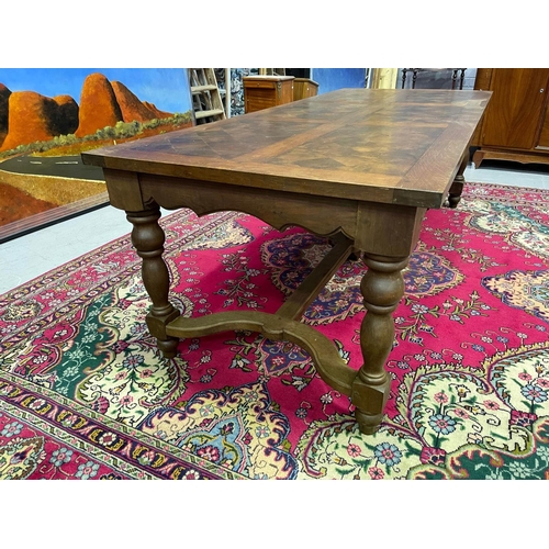 79 - Most impressive large antique French parquetry top dining table, with stretcher base, approx 78cm H ... 