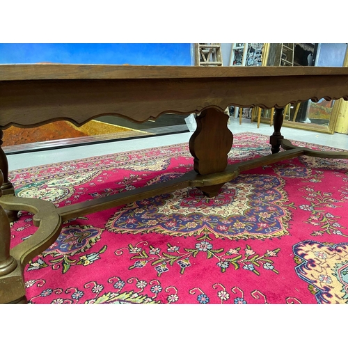 79 - Most impressive large antique French parquetry top dining table, with stretcher base, approx 78cm H ... 