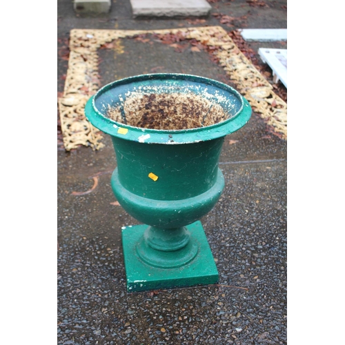 468 - Antique French cast iron garden urn with flaky green paint, approx 59cm H x 47cm Dia