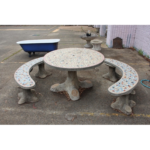 471 - Unique French composite & tile garden table and two benches, the bases simulate tree trunks, table a... 