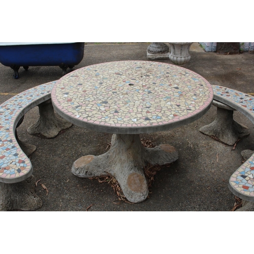 471 - Unique French composite & tile garden table and two benches, the bases simulate tree trunks, table a... 