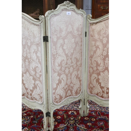 315 - Antique French painted frame three fold boudoir screen, approx 98cm H and each panel approx 38cm W