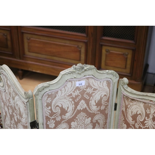 315 - Antique French painted frame three fold boudoir screen, approx 98cm H and each panel approx 38cm W