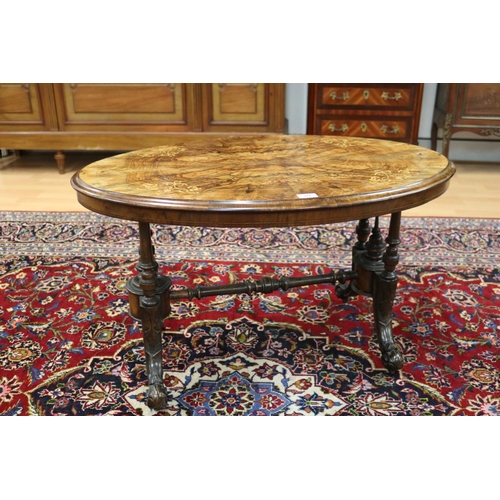 377 - Antique burr walnut oval table, approx 55cm H x 90cm L x 56cm W