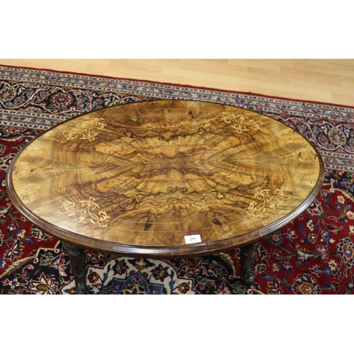 377 - Antique burr walnut oval table, approx 55cm H x 90cm L x 56cm W