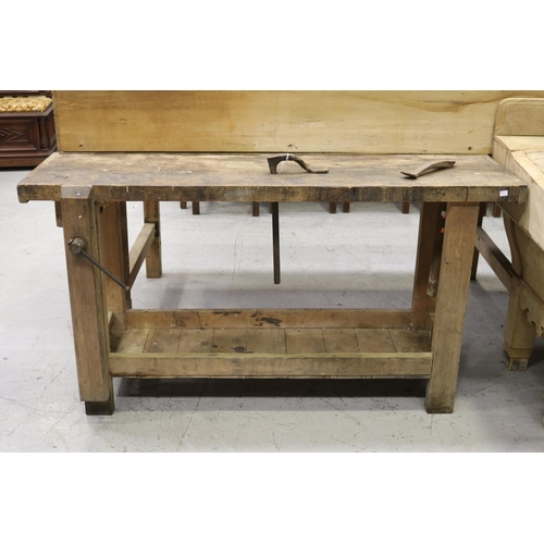 143 - Antique French rustic work bench, vice to end & two bulldog clips, approx 80cm H x 151cm W x 43cm