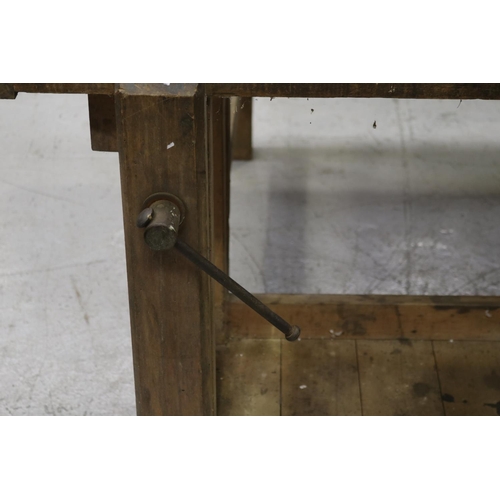 143 - Antique French rustic work bench, vice to end & two bulldog clips, approx 80cm H x 151cm W x 43cm