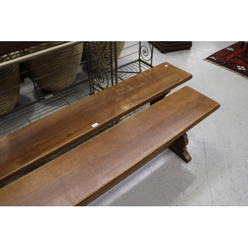 176 - Pair of French oak long trestle support benches, each approx 46cm H x 220cm L (2)
