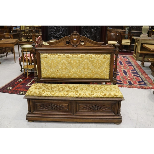 320 - Antique French carved oak Henri II hall chest seat, with upholstered seat and back, approx 126cm H x... 