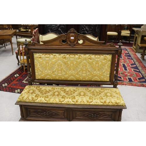 320 - Antique French carved oak Henri II hall chest seat, with upholstered seat and back, approx 126cm H x... 