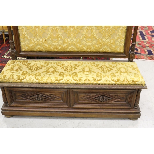 320 - Antique French carved oak Henri II hall chest seat, with upholstered seat and back, approx 126cm H x... 