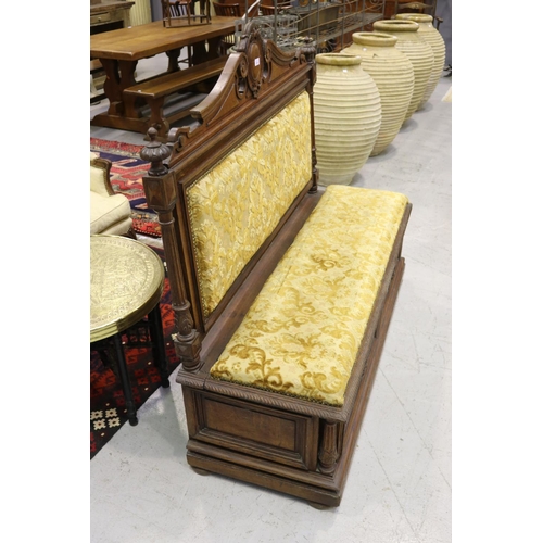 320 - Antique French carved oak Henri II hall chest seat, with upholstered seat and back, approx 126cm H x... 