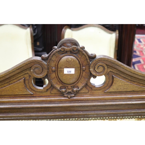 320 - Antique French carved oak Henri II hall chest seat, with upholstered seat and back, approx 126cm H x... 