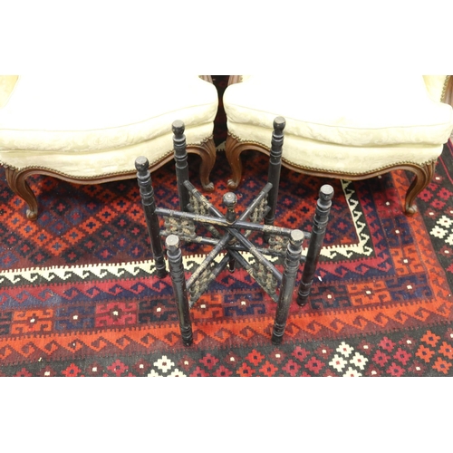 352 - Middle Eastern brass tray top circular coffee table, on fold out base, approx 53cm H x 60cm Dia