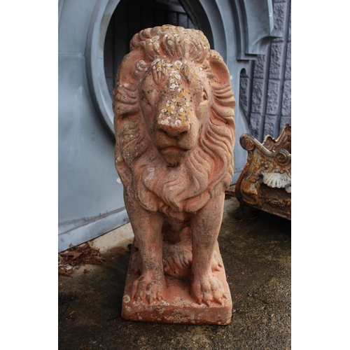 475 - Large old French terracotta figure of a seated lion, approx 67cm H