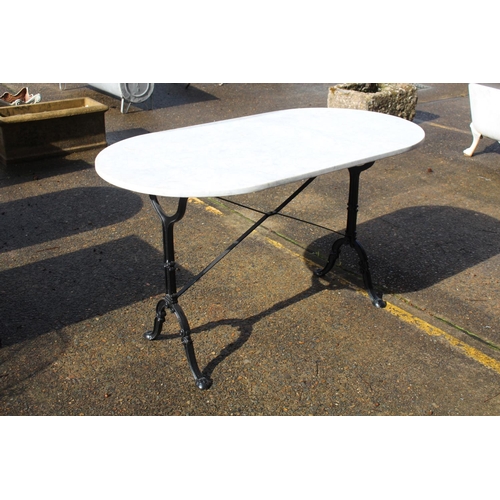 477 - French white marble topped D end iron based bistro table, approx 71cm H x 121cm W x 65cm D