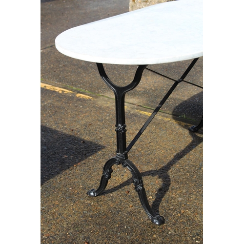 477 - French white marble topped D end iron based bistro table, approx 71cm H x 121cm W x 65cm D