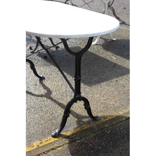 477 - French white marble topped D end iron based bistro table, approx 71cm H x 121cm W x 65cm D