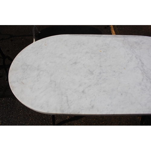 477 - French white marble topped D end iron based bistro table, approx 71cm H x 121cm W x 65cm D