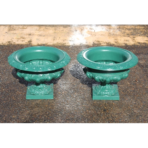 481 - Pair of French similar cast iron garden urns, green finish, each approx 30cm H x 45cm Dia (2)