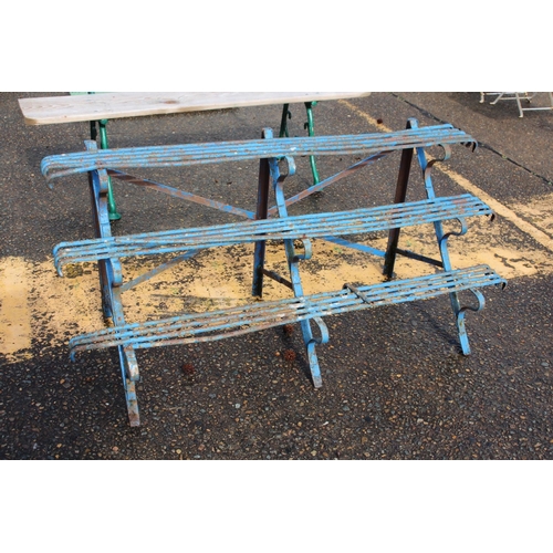 484 - French iron pot stand, blue painted finish, approx 59cm H x 125cm W x 55cm D