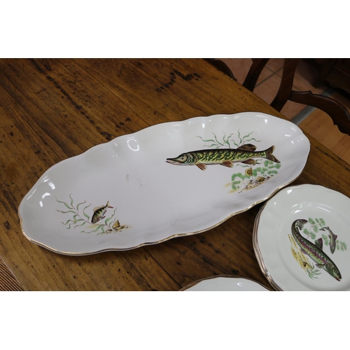 158 - Antique French Luneville of porcelain fish service, comprising a large oval platter, 12 plates and s... 