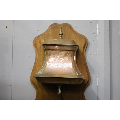 495 - Antique French brass cistern on wooden backboard, approx 81cm H x 38cm W