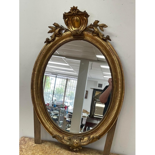 222 - Antique French Louis XV style giltwood oval form salon mirror, approx 105cm H x 72cm W