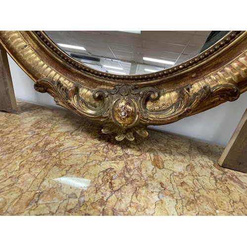 222 - Antique French Louis XV style giltwood oval form salon mirror, approx 105cm H x 72cm W