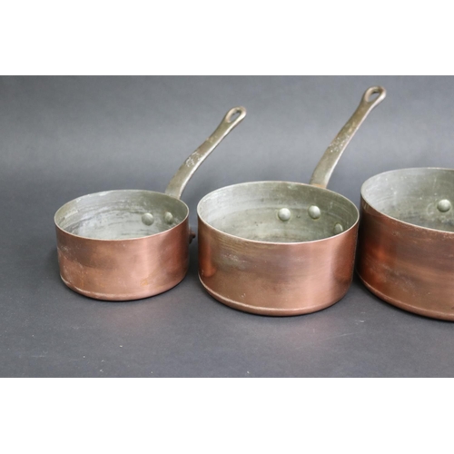 132 - Set of five antique French copper & wrought iron saucepans, one stamped made in France, approx 10cm ... 
