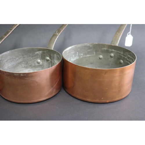 132 - Set of five antique French copper & wrought iron saucepans, one stamped made in France, approx 10cm ... 