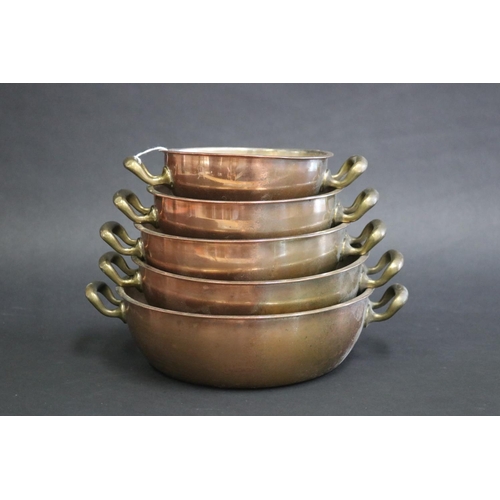 230 - Set of five twin handled copper pans, approx 7cm H x 23cm Dia (ex handles) and smaller (5)