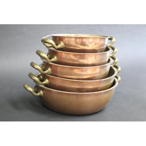 230 - Set of five twin handled copper pans, approx 7cm H x 23cm Dia (ex handles) and smaller (5)