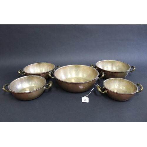 230 - Set of five twin handled copper pans, approx 7cm H x 23cm Dia (ex handles) and smaller (5)