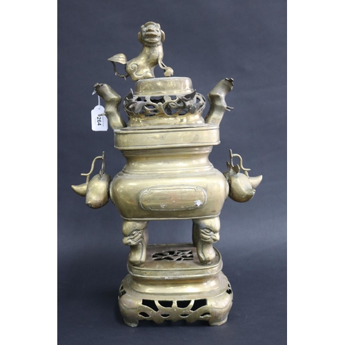264 - Chinese brass censer on stand, with dog of fo finial to top, fruits to handles, approx 50cm H x 34cm... 